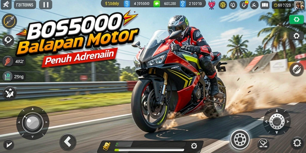 Tampilan gameplay menegangkan dari BOS5000 dengan aksi balapan motor cepat.