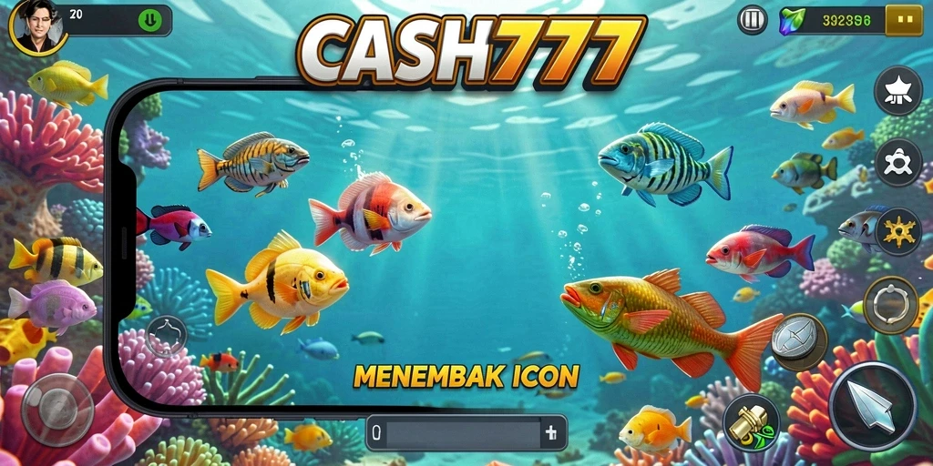 Screenshot utama dari CASH777 menampilkan gameplay seru menembak ikan.