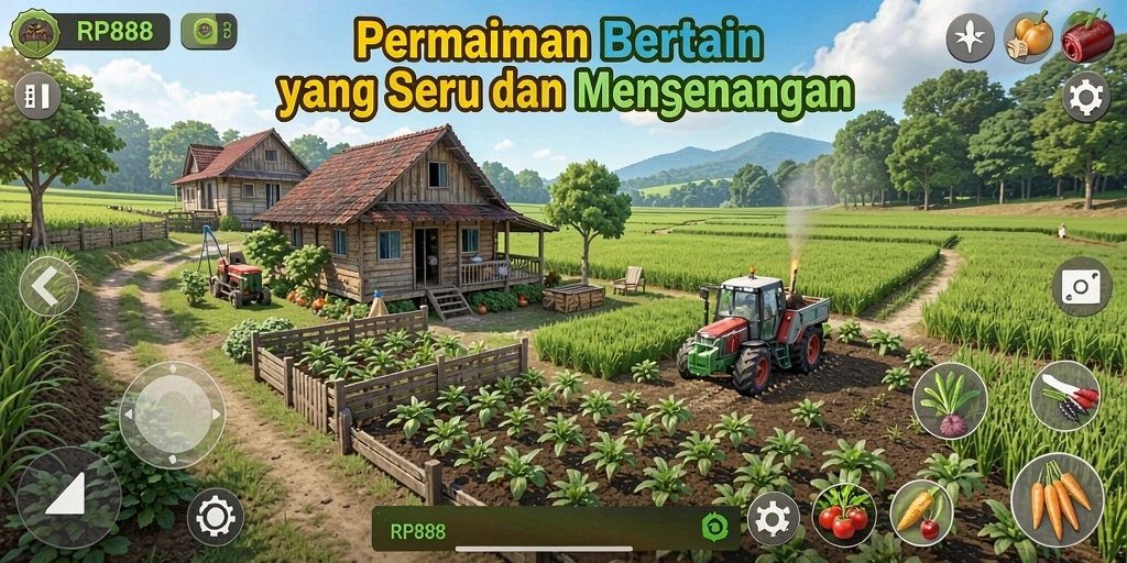 Screenshot dari gameplay RP888 dengan aktivitas bertani yang seru.