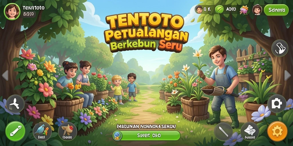 Tampilan utama permainan TENTOTO yang menampilkan kebun yang rimbun dan indah.